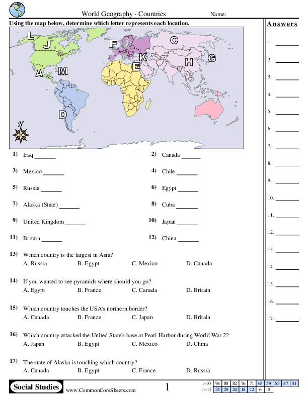 Geography Worksheets - Countries worksheet